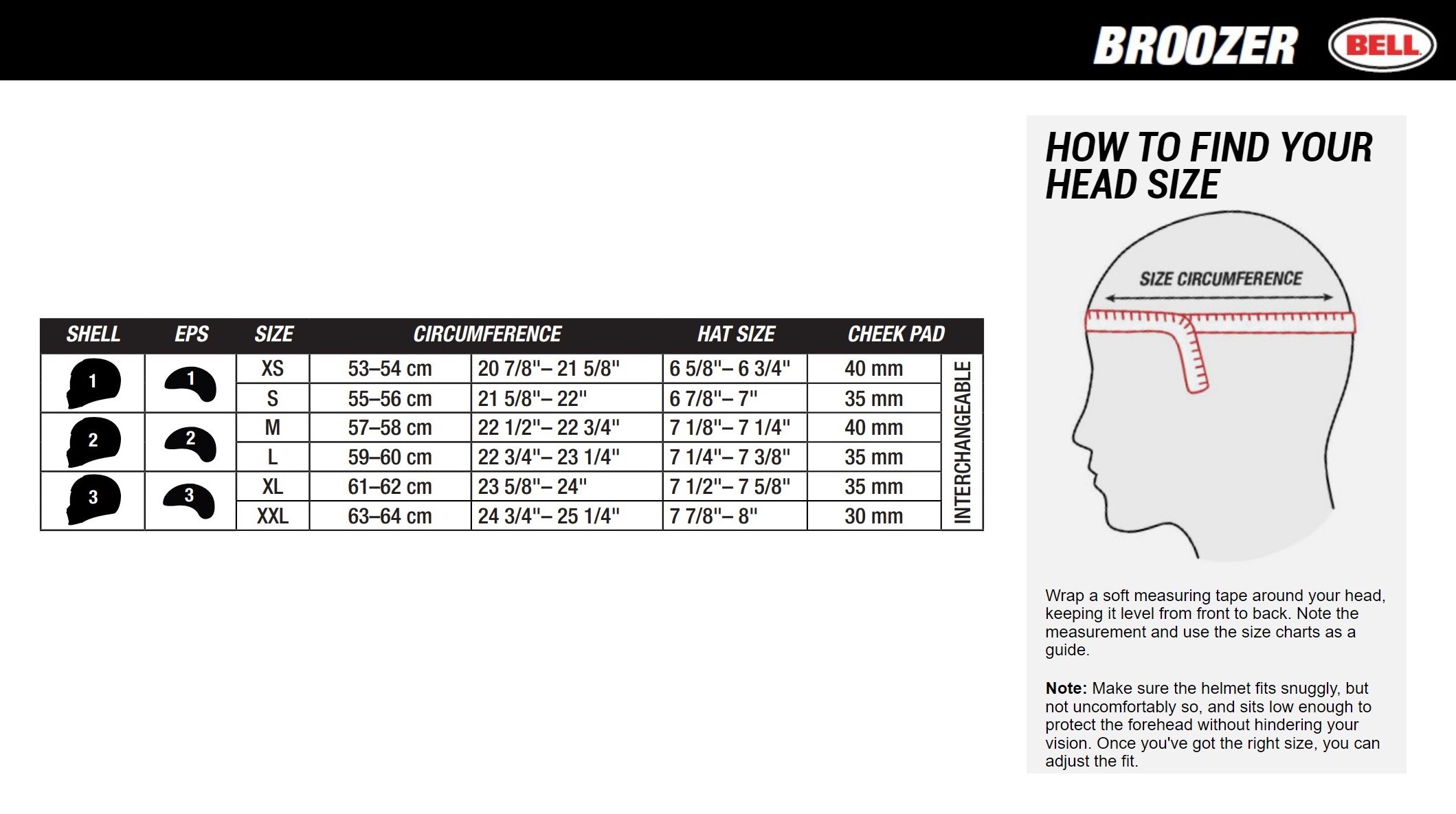 Bell broozer online size chart